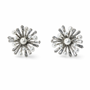 İnci ve Taş Detaylı Gümüş Renk Çiçek Küpe - Görsel 1