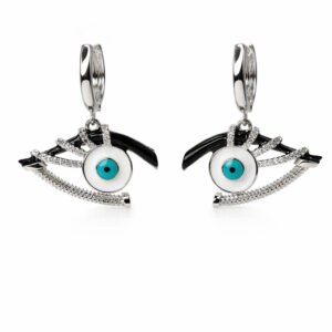 Gümüş Renk Nazar Göz Detaylı Zirkon Taşlı Sallantılı Küpe - Görsel 1