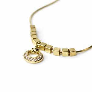 Altın Renk Küp Boncuk Zincirli Zirkon Taşlı Ayyıldız Kolye (43 cm+5 cm İlaveli Zincir) - Görsel 1