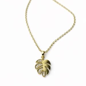Altın Renk Xuping Monstera Yaprağı Figürlü Zirkon Taşlı Kolye (40 cm+7 cm İlaveli) - Görsel 2